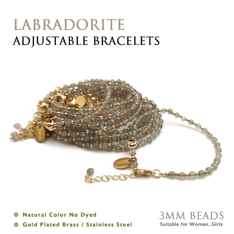 Morchic Labradorite Crystal Natural Gemstone Adjustable Bracelet for Women, 3mm Tiny Beads Energy Gem Charm Jewelry, Birthday Gift 7.1" - Image 3
